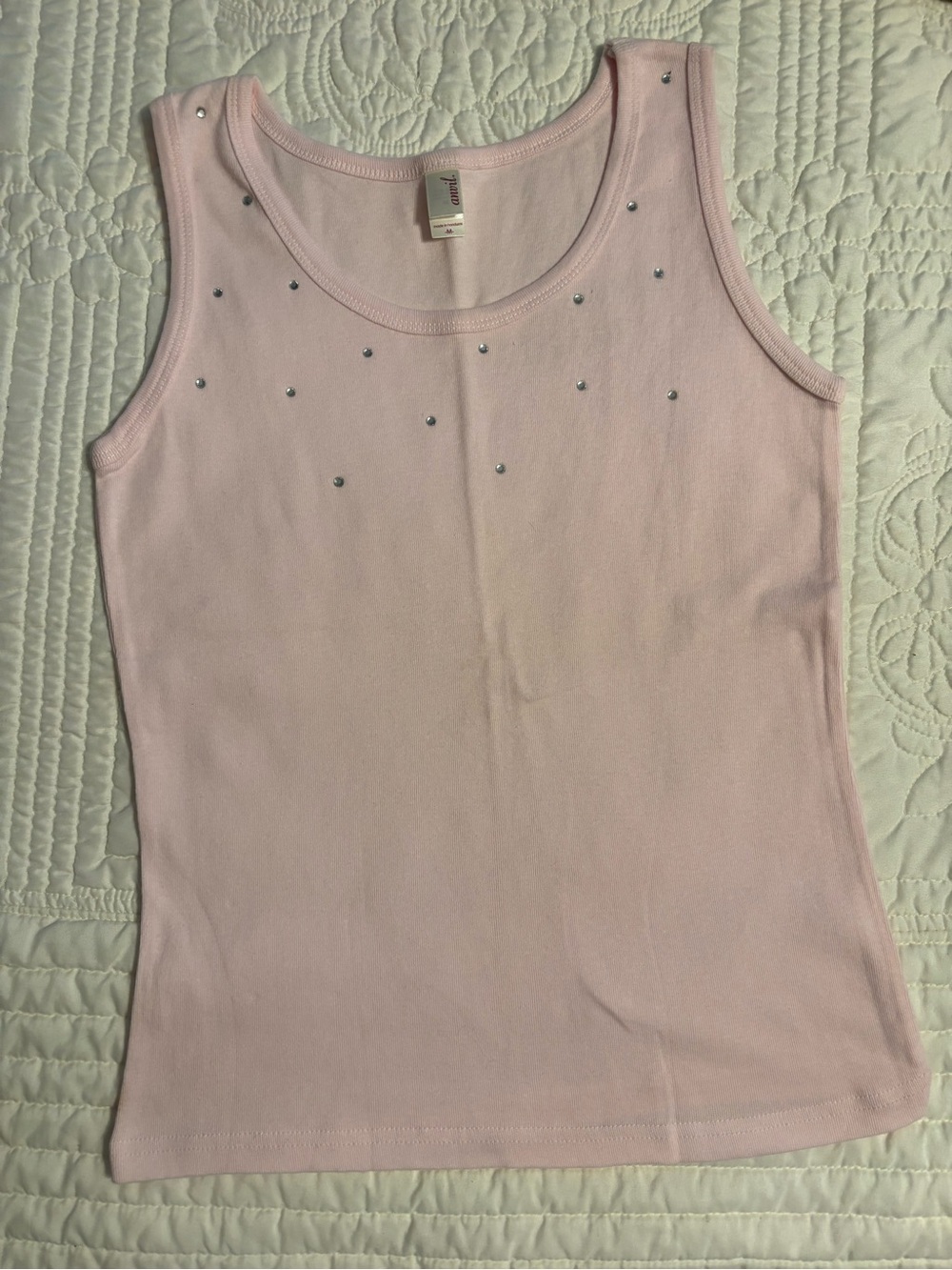 Anvil Light Pink Tank Top with Rhinestone Accents